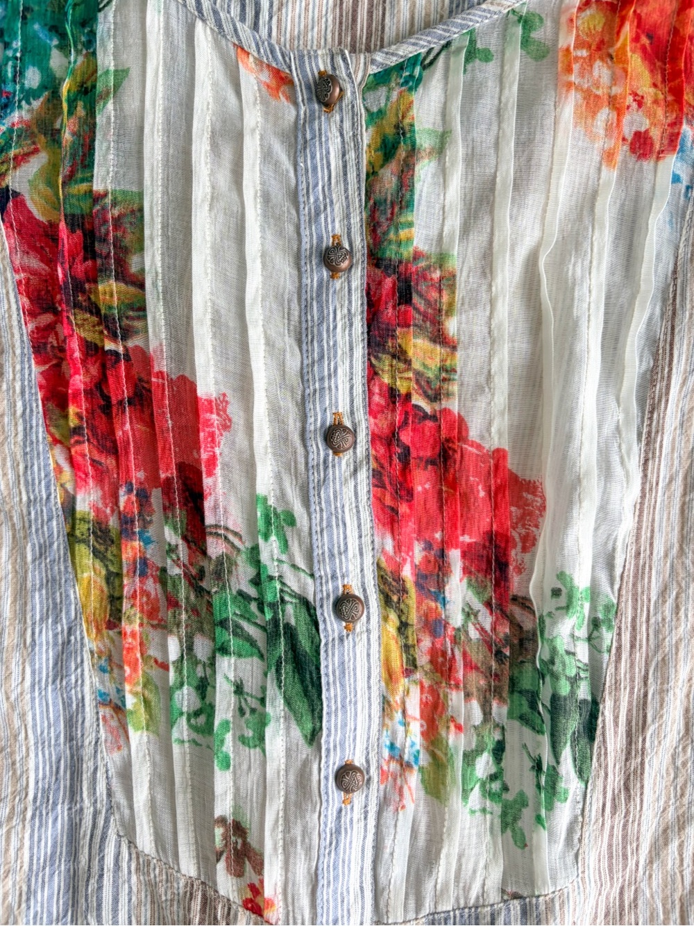 Soft Surroundings Crinkle Cotton Floral Striped Button Front Tunic Top M - Picture 4 of 12